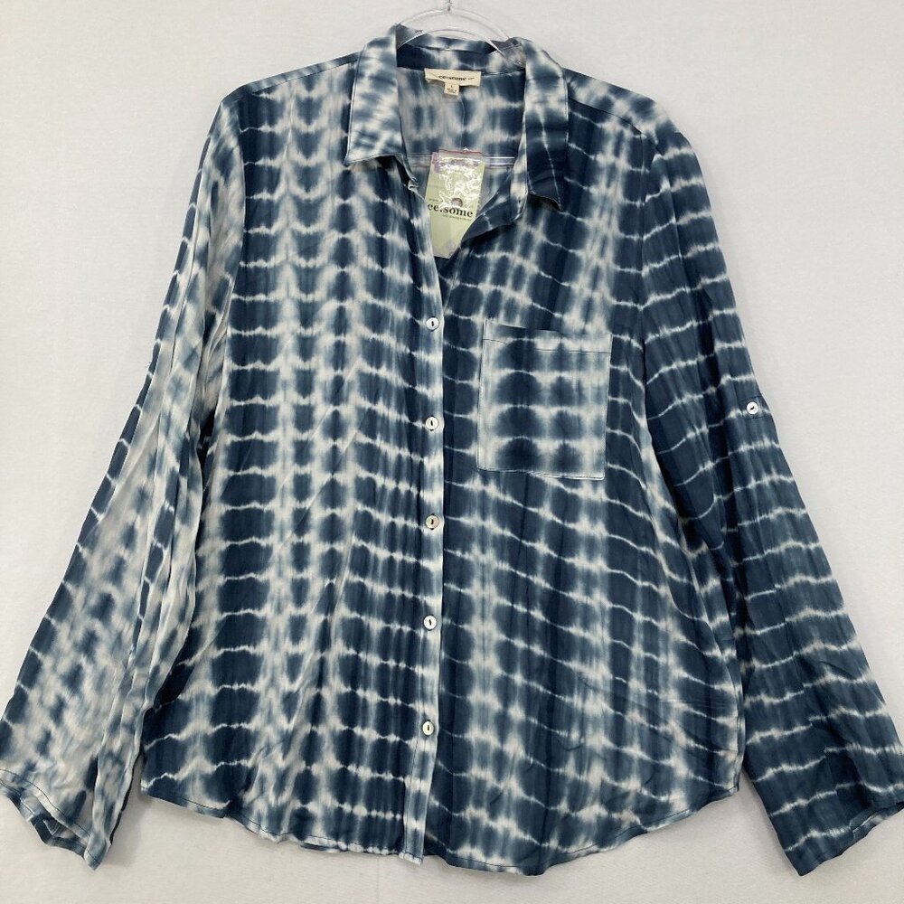 New eesome Large Blue White Tie Dye Soft‎ Flowy Rayon Long Sleeve Button Down